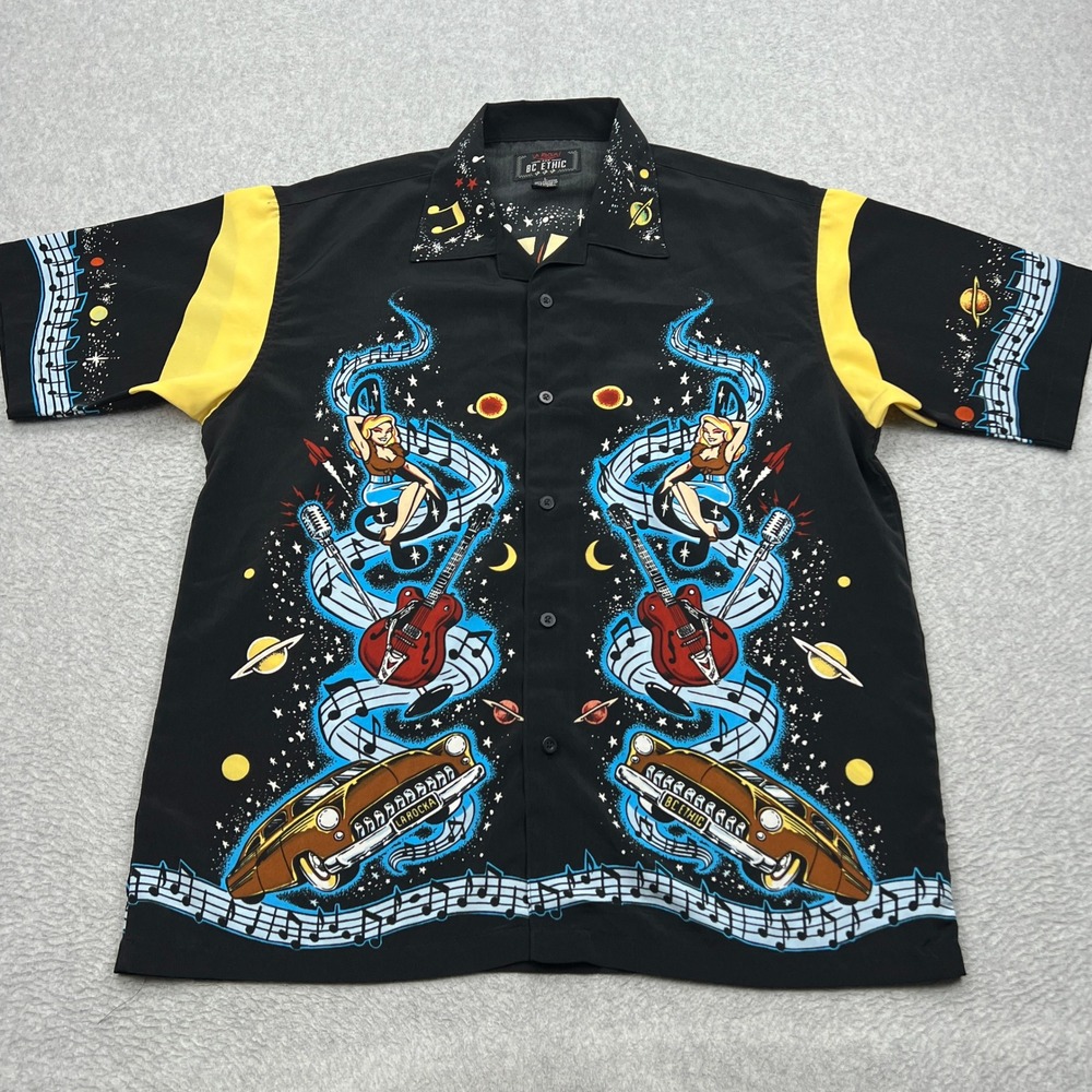BC Ethic Vince Ray Go Kat Go Shirt Men Large Black La Rocka Rockabilly Button Up